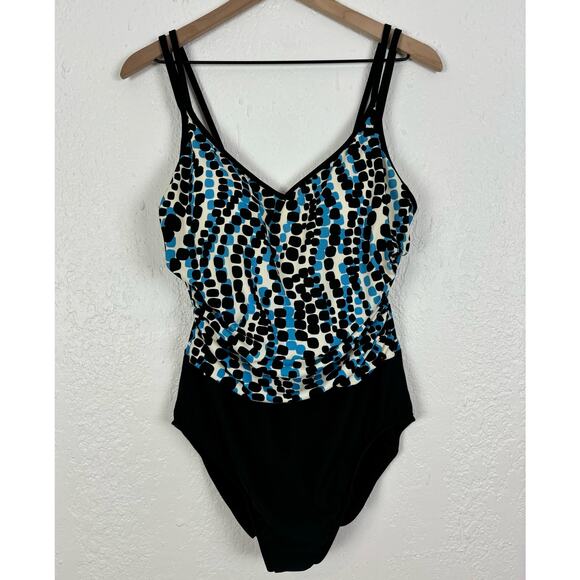 Miraclesuit Black/ Blue Dot V-Neck Double Strap One Piece Swimsuit Size 16 - Picture 1 of 4